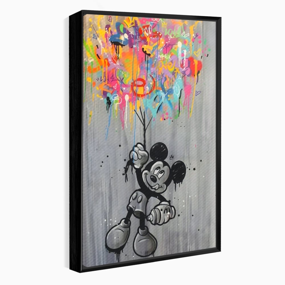 Tablou canvas cu tablou canvas cu mickey mouse si baloane, in rama de aluminiu negru